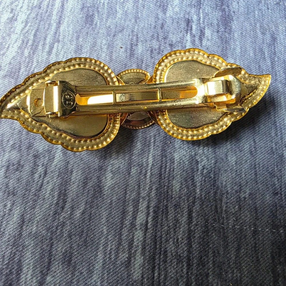 Gold Tone Blue Fabric Leaf‎ Shape Barrette Hair Clip Vintage Accent Accessory